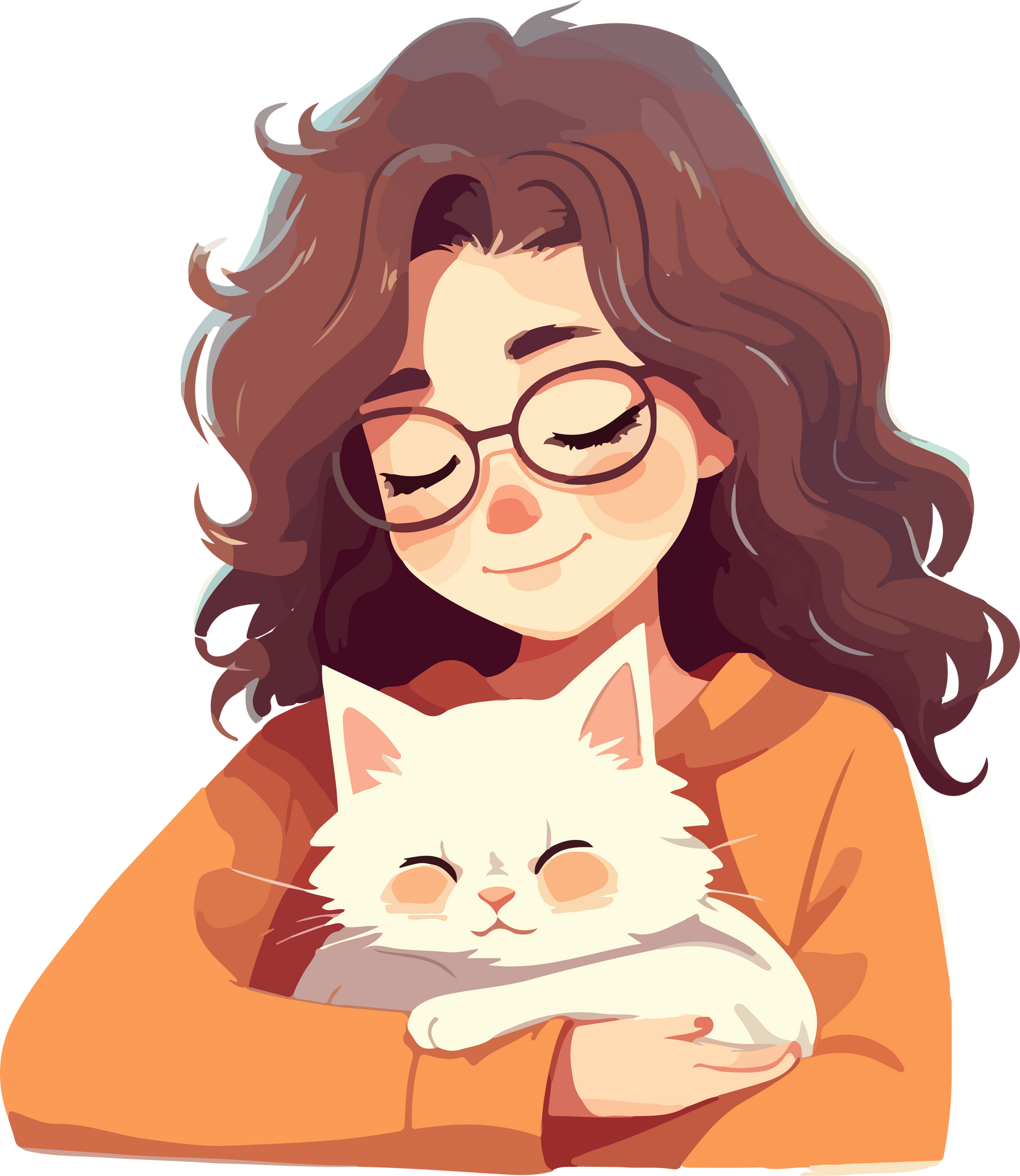 Curve-hair girl hugs beloved cat in peace time.